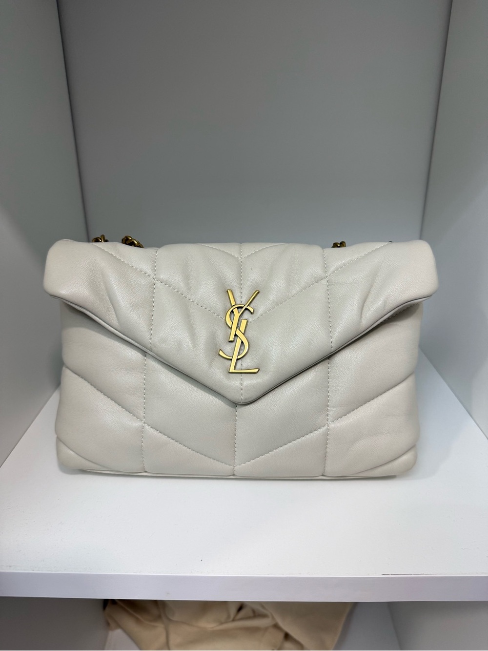 Saint Laurent Cream Quilted Leather Envelope Shoulder Bag with Gold YSL